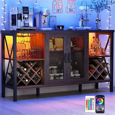 55  Industrial LED Bar Cabinet W/Outlet Rustic Liquor Coffee Bar W/Wine Rack • $196.64