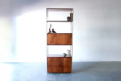 Mid-Century Modern Founders Chrome & Walnut Etagere Bar Wall Unit Shelving • $1850