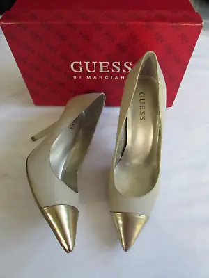 Vintage Guess Beige Pumps Pointy Toe Stiletto Metallic Gold Cap Toe Shoes Size 8 • $35