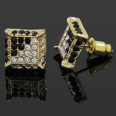 Mens Gold Plated Black Cubic-Zirconia Cube Hip Hop Micro Pave Kite Stud Earrings • $12.99