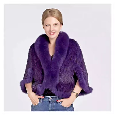 Real Purple Mink Fur Knitted Cape With Fox Fur Collar Cocktail Stole By LUXOR • $800