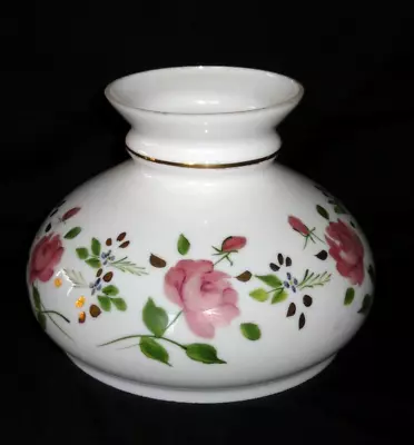 Vintage Hurricane Shade ~ Milk Glass ~ Hand Painted Pink Roses ~ Gold Highlights • $28