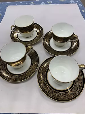 MIKASA Mount Holyoke 4 Cup/saucer Sets Plus 2 Saucers Gold Scrolls Flowers Black • $39.95