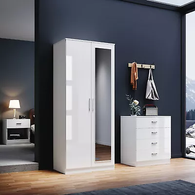 Bedroom Furniture Set High Gloss White Wardrobe Chest Of Drawer Bedside Cabinet • £138.98