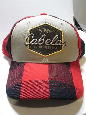 Cabelas Hat Mens One Size Red Black Buffalo Plaid Brim Outdoor Hat Snapback • $5.98