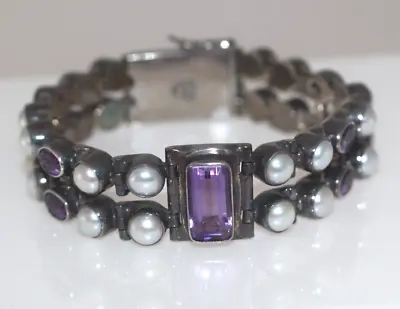 Vintage Wide Statement Sterling Silver Bracelet With Amethyst And Pearls • $99.99