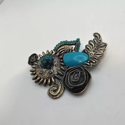 Vintage Brass Steampunk Brooch Turquoise Color Stone Glass Beads Punk Y2K Boho • $15