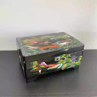 Vintage | Japanese Black Lacquer Jewelry Music Box Mother Of Pearl Inlay Painted • $50