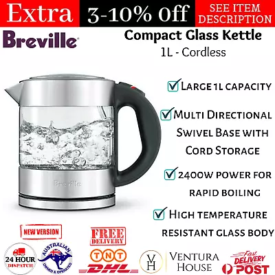 Breville 1L Compact Glass Electric Kettle Pure 2400W Rapid Boil Cordless Boiler  • $131.22