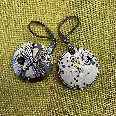 STEAMPUNK Metal WATCH PARTS Dangle Drop Earrings DRAGONFLY Crystal Green RARE • $79.99