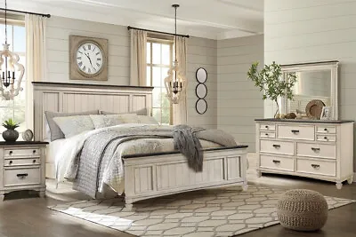 NEW Two-Tone White Queen King 4PC Rustic Bedroom Modern Furniture Set Bed/D/M/N • $1429.99
