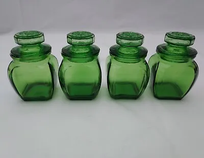 Vintage Wheaton Green Glass Apothecary Jar Canisters With Lids 3.5  Set Of 4 • $38