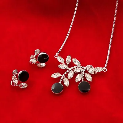 MidCentury VAN DELL Sterling Silver Black Onyx & Crystal Necklace & Earrings Set • $48