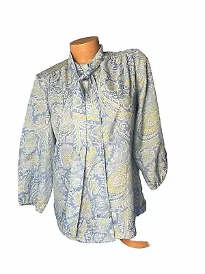 TRUE VINTAGE  Paisley Blouse Button Front L Blue/Yellow Neck Tie FLAW Secretary • $11.70