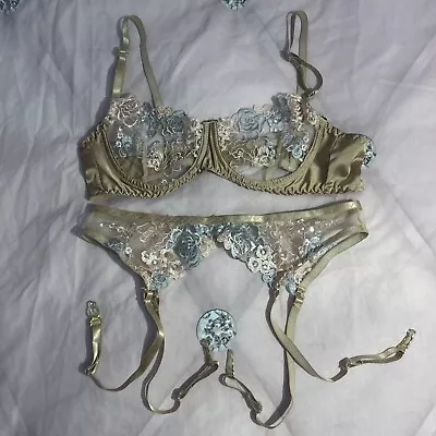 Bra And Waspie Set Lingerie Satin Gold 34B 36B Suspender Belt 8 • £9.90