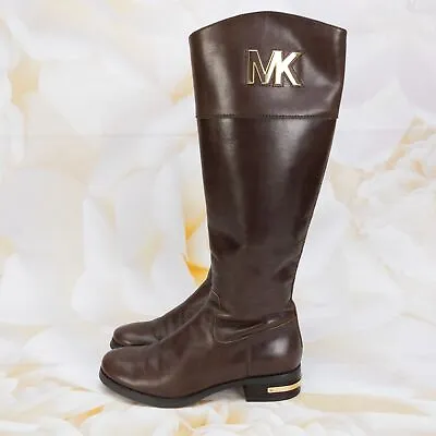 Michael Kors Women Hayley Designer Leather Riding Boots Size 5.5 Brown Side Zip • $52.49