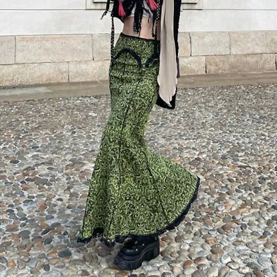 Womens Vintage Lace Trim Slim Fit Fishtail Long Skirt Elastic Waist Green Floral • $25.99