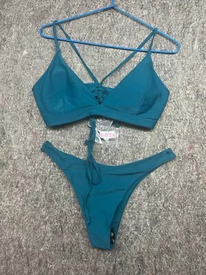 Zaful Womens Bikini Forever Young 2 Piece Swimsuit Padded Blue Size M/6 • $13.99