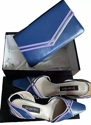  Jacques Vert Matching Handbag & Shoes Blue With Purple Embellishment • £25