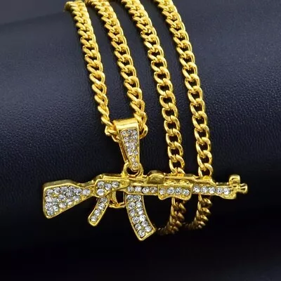 Gold AK Gun Chain Necklace Punk Big Gangster Shinny Rapper Fancy Dress Costume • £4.49