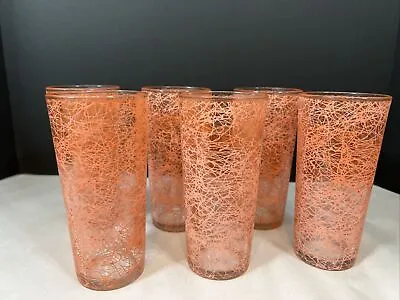 6 Vintage Pink Peach Spaghetti String Retro Highball Glass Tumblers 6.5” • $49