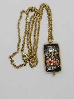 Vintage Cloisonne Double Sided Pendant Butterfly Flowers Necklace Multi Colored • $16