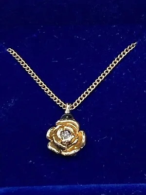 Vintage AVON Gold Tone Rose W Rhinestone Necklace Retro On Chain 185” L • $8.99