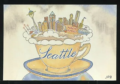 WA Seattle VINTAGE 4x6 FANTASY LITHO PC SEATTLE LANDMARKS In A COFFEE CUP By JPB • £3.79