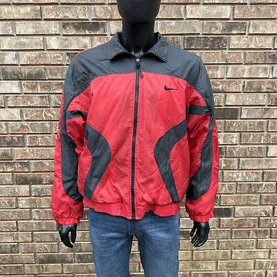Vintage 90s Nike Mens Windbreaker Size Large Jacket Nylon Gray Red Sports Zip Up • $19.50
