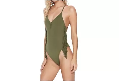 L*SPACE GYPSY Swimsuit FRINGE DETAIL V-NECK ONE PIECE SWIMSUIT SIZE 10 Green • $29.99
