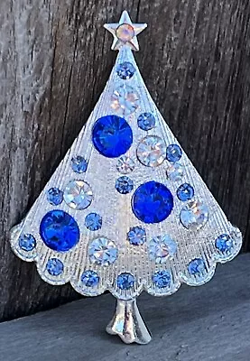 Vintage Royal Blue Christmas Tree Crystal Rhinestone Brooch Pin Glass Holiday • $11.99