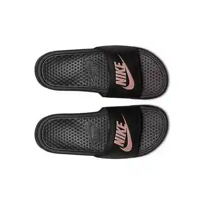 New Women's Nike Black & Gold Benassi JDI Slides Model #343881-007 Size 8 #Y5 • $25.99