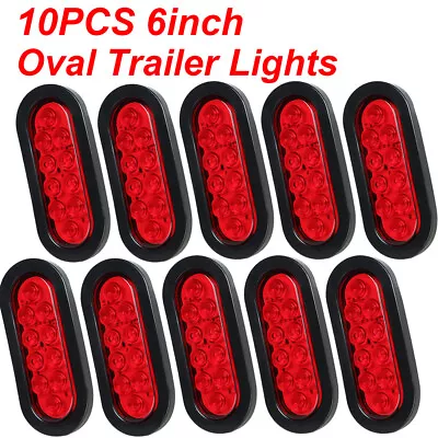 10 Red 6  Oval Trailer Lights 10 LED Stop Turn Tail Truck Sealed Grommet Plug • $66.49