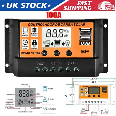 MPPT/PWM 100A Solar Panel Regulator Battery Charge Controller 12V/24V Dual USB • £9.93