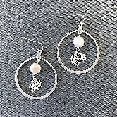 Matte Silver Pearl Leaves Theme Vintage Open Hoop Design Drop Dangle Earrings • $7.29