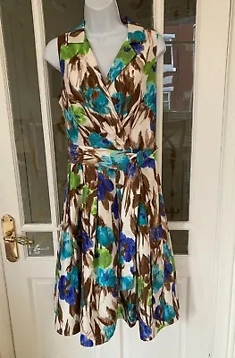 £9.99 • Buy Jessica Howard Dress Size 12 Multicoloured Green Blue Brown White Collared Belt