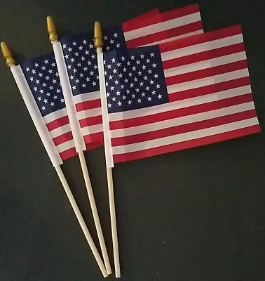 American Mini-USA Flags 4”X6” On 10” Sticks W Gold Spear Tops 3 Flags/Pk • $2.99