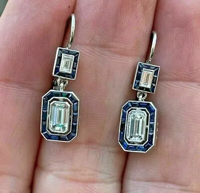 Vintage Style Emerald Cut Lab Created Diamond & Sapphire Wedding Silver Earrings • $71.05