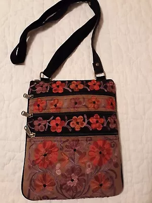 Pretty Black Tan Embroidered Suede & Microfiber Crossbody Envelope Purse 8x10 • $10