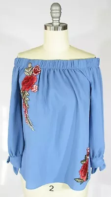 C WONDER Size S Light Blue Textured Floral Embroidered Off The Shoulder Top  • $14.99