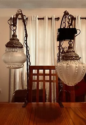 Vintage Swag Hanging Lamp Mismatched Glass Set Same Metal Parts  • $80