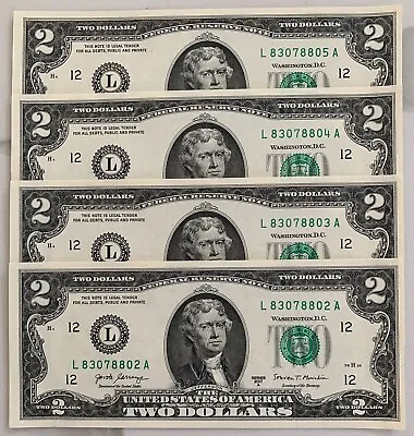 Lot Of 4 Uncirculated Sequential Two Dollar Bills Consecutive Serial # Lucky $2 • $12.99