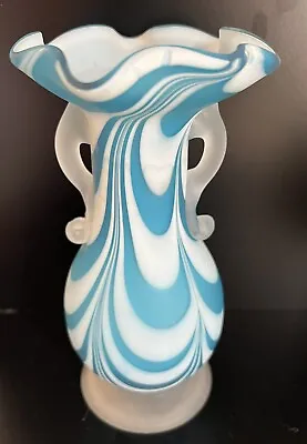 Vintage Art Glass Vase W/ Handles Blue & White Satin Nailsea ? • £33.26