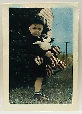 Little Boy Holding Toy Rabbit ~ Vintage Hand Colored Photo ~ Children & Toys • $9.99