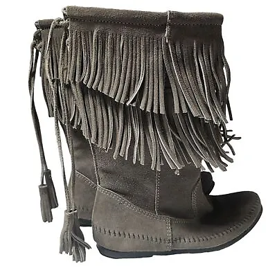 Minnetonka 2-Layer Fringe Mid-Calf Mocassin Boot Womens Size 8 Gray Suede • $34.98