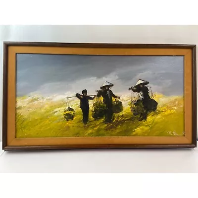 Vintage Original Painting Vietnamese Farmers Working In Rice Fields Signed V. Ba • $84.99