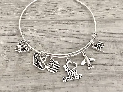 I Love My Soldier Military~Air Plane Freedom Charms Expandable Bangle Bracelet  • $4.75