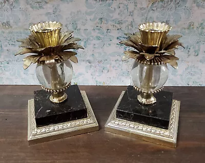 Vintage Pair Candle Holders Marble & Gold USA Made Dilly Mfg Hollywood Regency • $13.20