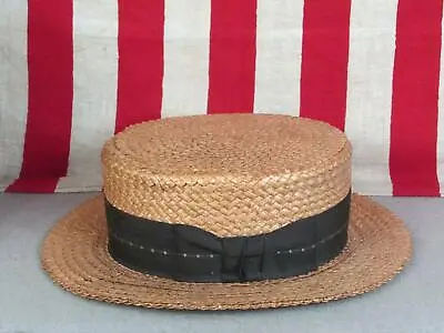 Vintage 1940s Snyders Straw Boater Hat Skimmer Stripe Ribbon Spectator Size 7 • $62.10