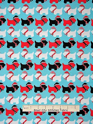 Christmas Fabric - Holiday Scottie Puppy Dogs Aqua #15269 Kaufman Jingle - Yard • $10.45